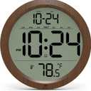 Digital Wall Clock with Date, Indoor Temperature, Auto-DST, Battery-Operated Digital Clock, 8 Inch Small Decorative Wood Wall Clock for Bedroom, Living Room, Kitchen, Office, Modern, Electric, Simple