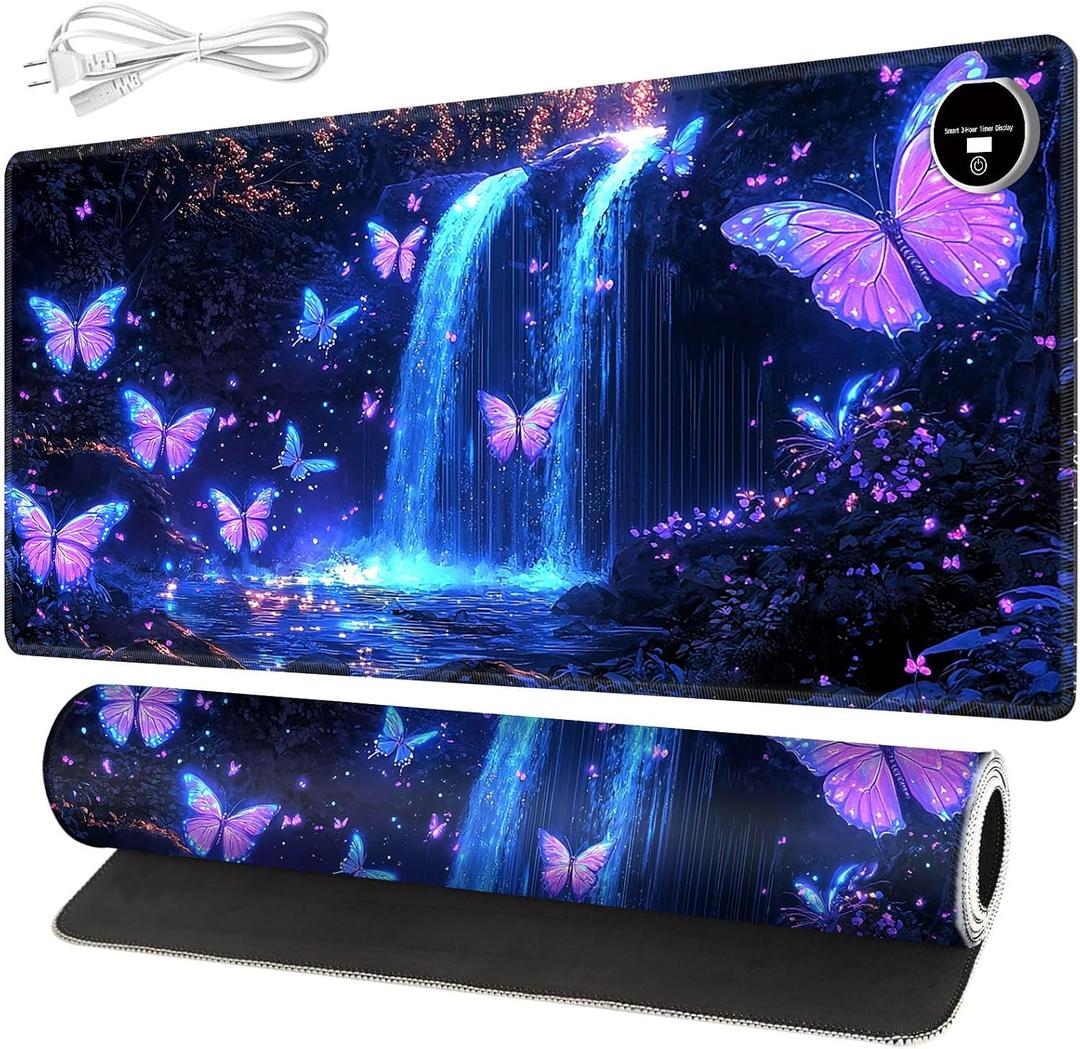 Warm Desk Pad,Heated Desk Pad Mouse Mat Gaming,with 3 Heating Levels & 3 Hours Auto Shut-Off,Leather 31.5" x 13" Foot Warmer Keyboard Office Mat,Glitter Butterfly