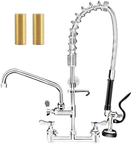 NETISR 36" Height Commercial Faucet with Sprayer, Brass Chrome Wall Mount Restaurant Kitchen Sink Pre Rinse Faucet, 8" Adjustable Center & 12" Add-on Swing Spout, 12" Spout & 38" Hos