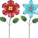 hogardeck Metal Flower Decorative Garden Stakes, 2 Pack 22" Outdoor Garden Decor with Shaking Flower Head Yard Stakes, Yard Art Spring Decorations for Patio Lawn (Blue & Red)
