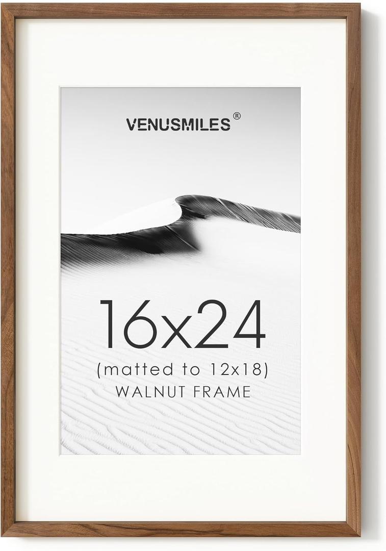 16x24 Poster Frame, USA-Sourced Natural Walnut Wood Picture Collage Frame with HD Tempered Glass, Modern Simple 16 x 24 Wooden Photo Frame Matted to 12x18, Vertical & Horizontal Wall Hanging Display