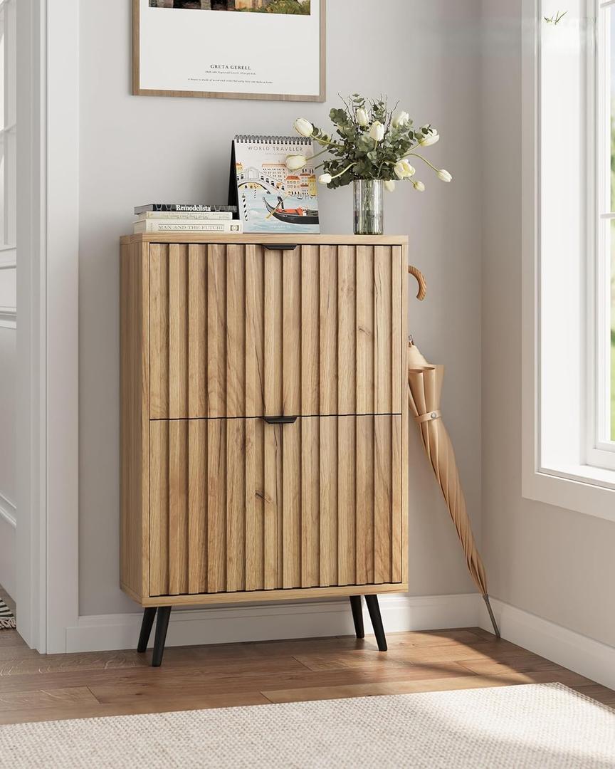 Shoe Storage Cabinet, Fluted Shoe Cabinet Storage for Entryway, Hidden Shoe Cabinet with Metal Legs,Shoe Organizer Cabinet with Flip Doors, Slim Entryway Shoe Storage Cabinet,Natural Wood - 23.5 In (23.6" Wide)