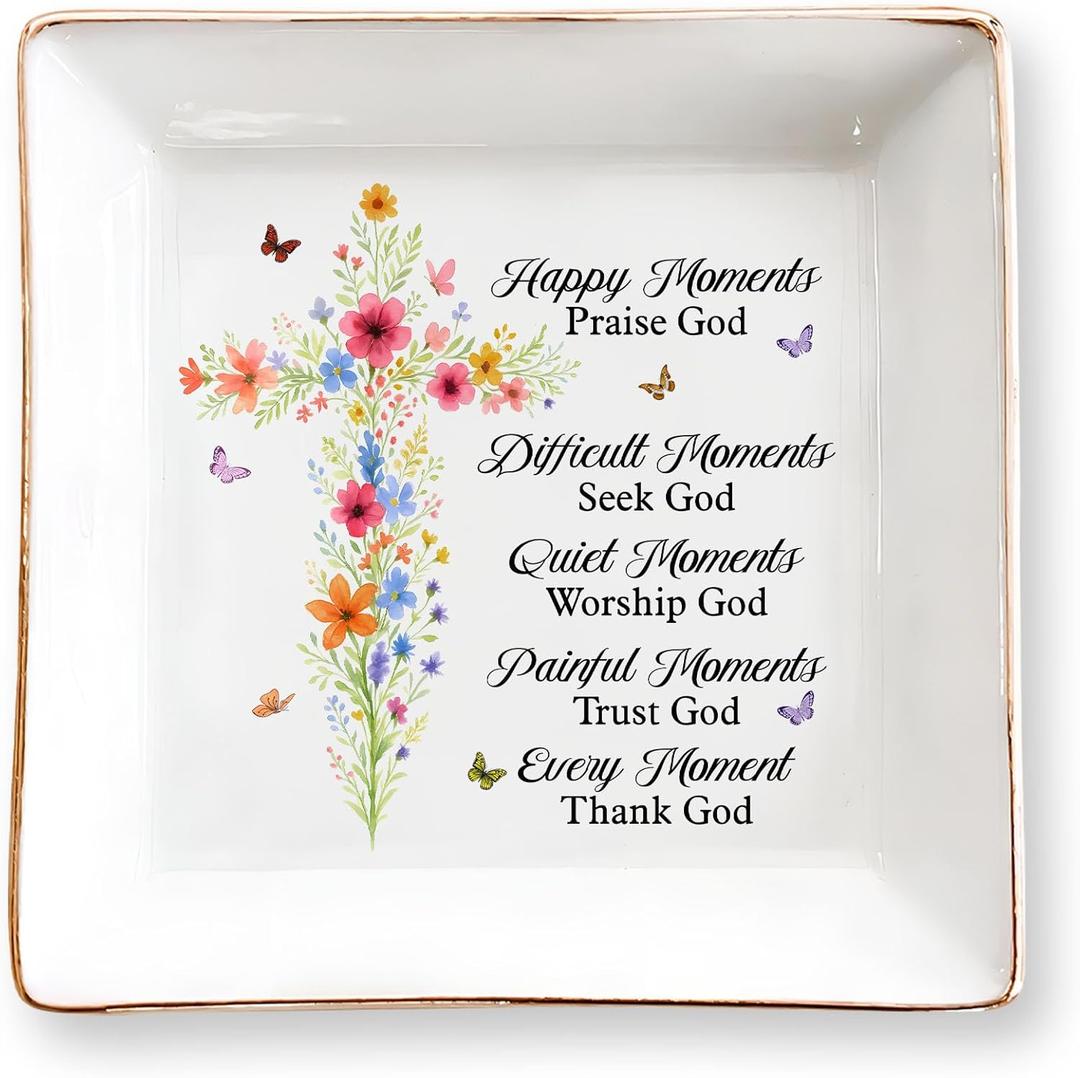 Christian Gifts for Women, Faith Inspirational Gifts - Floral Cross 4" Jewelry Dish, Religious Gift for Mom, Sister, Daughter, Friends - Catholic Bible Verse, Communion, Confirmation Gift for Her