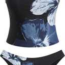 ZAFUL Women's Floral Tankini Swimsuits Bandeau Tummy Control High Cut Tankini Set Two Piece Bathing Suit (Blue, L)