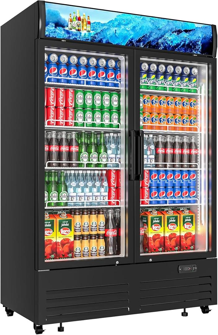 Commercial Beverage Refrigerator 2 Glass Door, 36 Cu.ft Commercial Upright Display Merchandiser Refrigerator, Beverage Cooler with LED Light, Lock Wheels, Adjustable Shelf for Bar, Shop