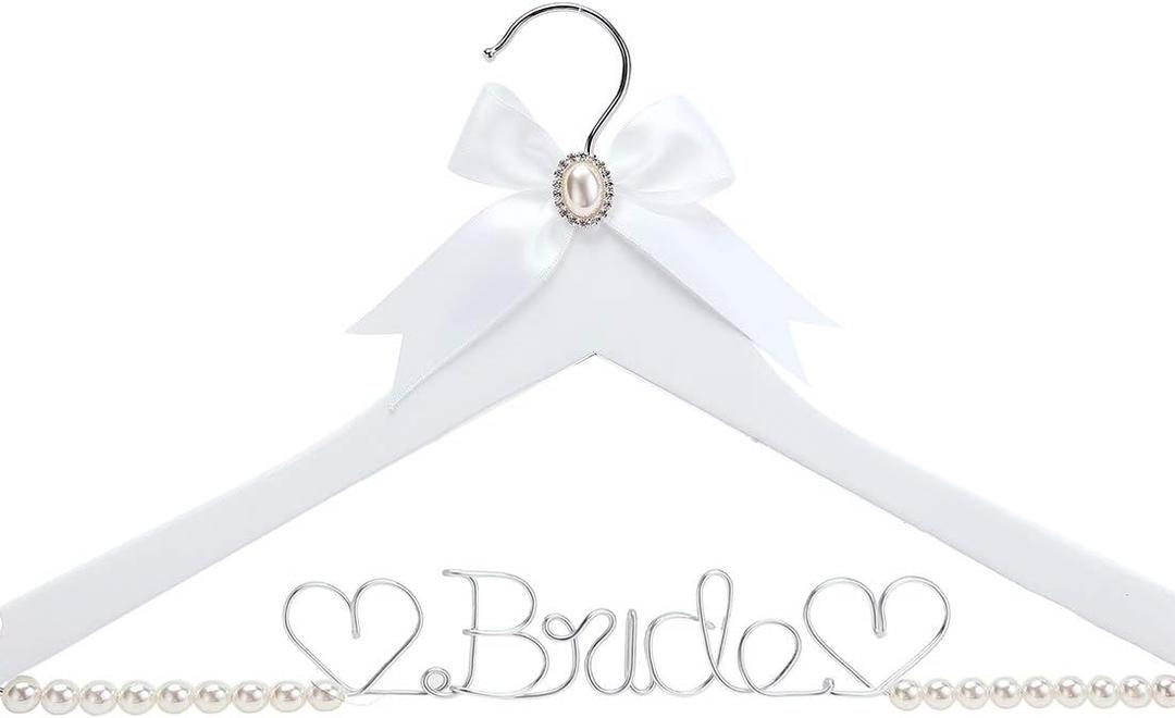 White Solid Wood Bridal Dress Hanger with Bridal Wire Lettering for Bridal Wedding Party Gift (White Coat Hanger Pearl Silver Thread)