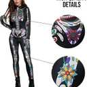 Joy Bang 3D Skeleton Costume Women, Halloween Sexy Skull Onesie Bodysuit with Gloves, Dia de los Muertos Jumpsuit (Black, XL)
