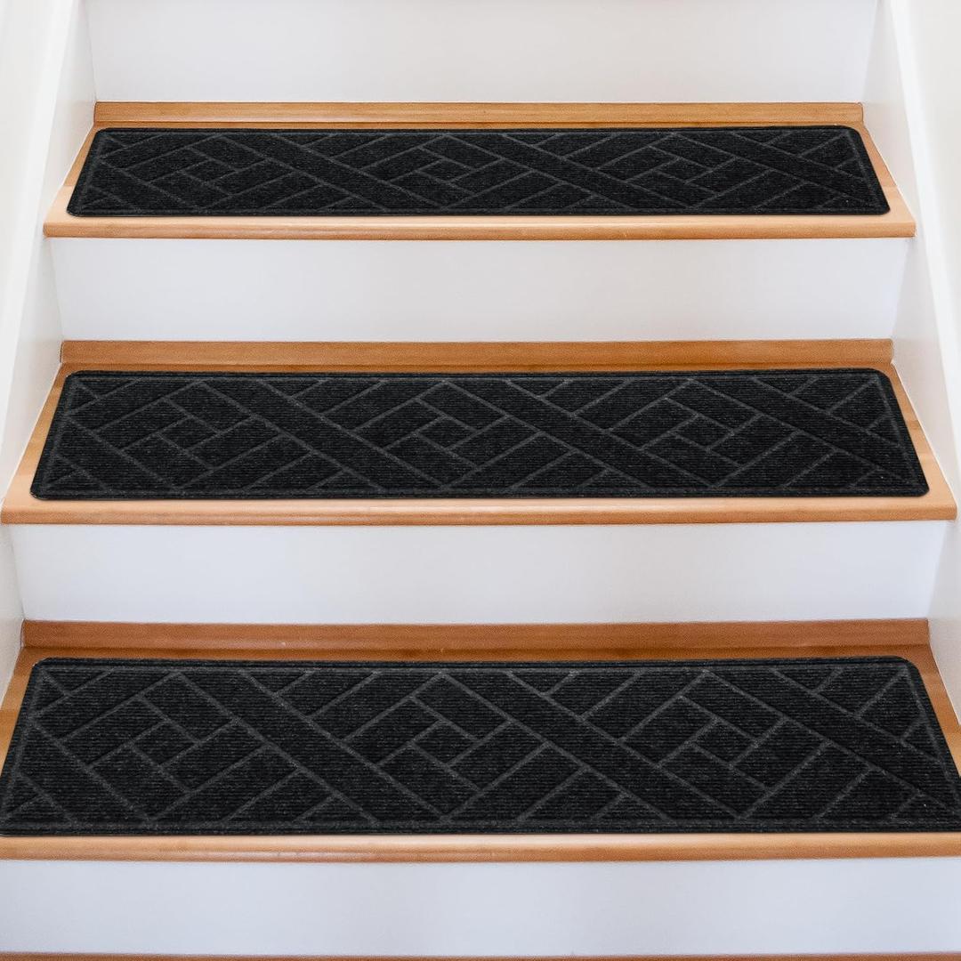 15 Pack 8 "X 30" Non-Slip Carpet Stair Treads for Indoor Wooden Steps, Made of Polyester and Reusable Adhesive, Suitable for Kids Elders and PetsBlack Lines