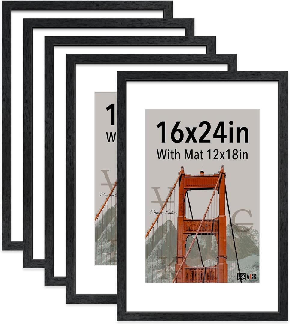 VCK 16x24 frame 5 Pack, Display Poster 12x18 with Mat or 16x24 without Mat, Textured Exclusive Solid Wood Picture Frame, Black