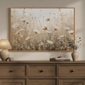 Framed Vintage Floral Wall Art, Neutral Rustic Botanical Flower Market Canvas Artwork for Modern Farmhouse, White Gold Wildflower Painting Prints for Living Room Bedroom Kitchen Dining Room, 24x36 In