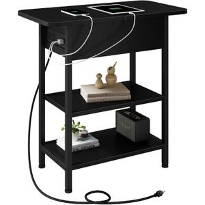  Fixwal End Table with Charging Station, Flip Top Side Table with USB Ports and Outlets, Nightstand for Small Spaces, Bedside Tables with Storage Shelf for Living Room, Bedroom, Black