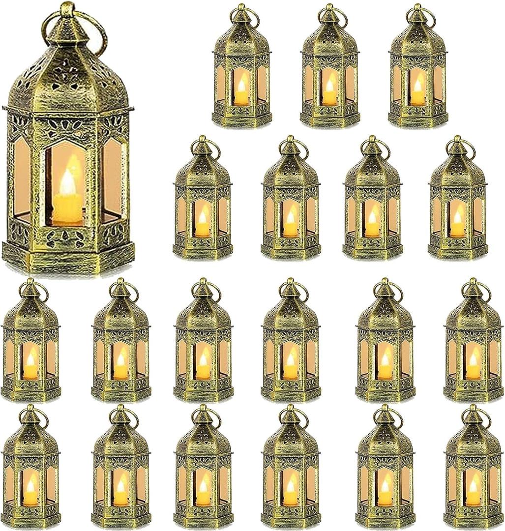 Mini Lantern with Flickering LED Candles Set of 20, Hewory Gold Vintage Decorative Hanging Candle Lanterns for Halloween, Christmas, Wedding Decorations, Party, Table Centerpiece, Battery Included