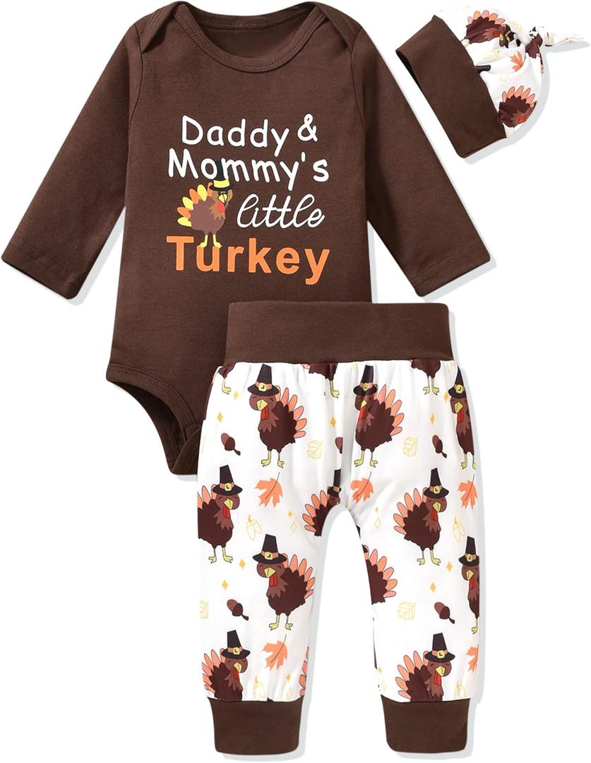 Aalizzwell Preemie Newborn Infant Baby Boys Clothes Bodysuit Romper Pants Hats Outfit Fall Winter Set (0-3 Months, Thanksgiving Brown)