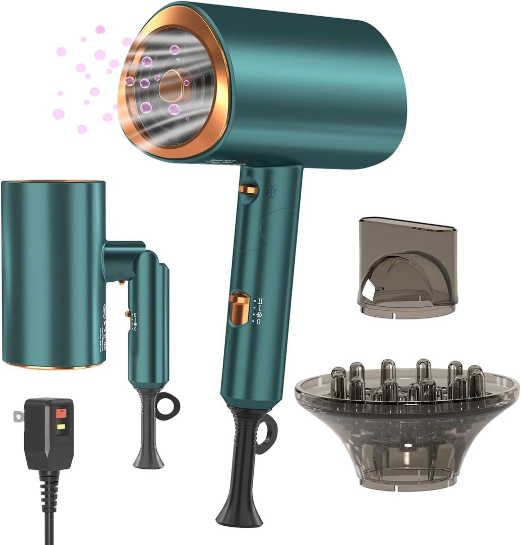 Professional Ionic Hair Dryer Blow Dryer with Diffuser and Concentrator for Curly Hair, Foldable Handle Travel Hair Dryer,Constant Temperature Hair Care (Vintage Green)
