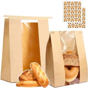 PAICUIKE 100 Pack Large Kraft Paper Bread Bags for Homemade Bread Sourdough Bags 13.7" x 8.2" x 3.5" with Tin Tie Tab Lock Clear Front Window Bakery Bag Packaging Cookie Bag with Label Seal Stickers