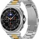 Metal Bands Compatible with Samsung Galaxy Watch 8 Band 44mm 40mm/Galaxy Watch 8 Classic 46mm, No Gap Stainless Steel Strap for Women and Men, Silver-Gold