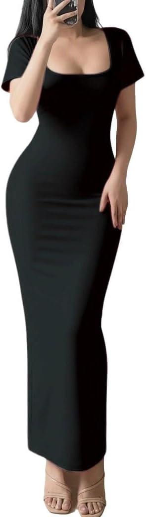 Women's Bodycon Maxi Dress Short Sleeve Round Neck Casual Long Dress Sexy Night Out Party Dresses S