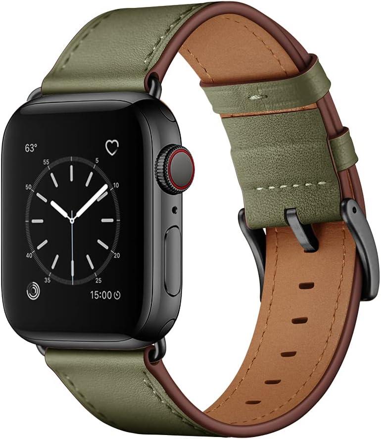 OUHENG Leather Bands Compatible with Apple Watch Band 42mm 41mm 40mm 38mm, Genuine Leather Strap Compatible with Apple Watch Series 11/10/9/8/7/6/5/4/3/2/1 & SE3 SE2 SE, Army Green/Black