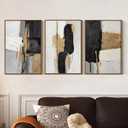 Modern Abstract Wall Art Set of 3 Black Gold Neutral Triptych Canvas Painting, Textured Hand Applied Paint Contemporary Framed Artwork 16x24, Minimalist Gallery Living Room Bedroom Office Decor