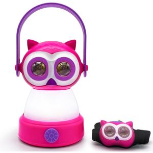 Kids Owl Lantern & Headlamp Set, 2-in-1 360 LED Camping Night Light, Battery Powered 3AA, Child-Safe ABS, Portable Adventure Toy & Bedroom Night-Light (Pink Owl Lantern-Headlmp)
