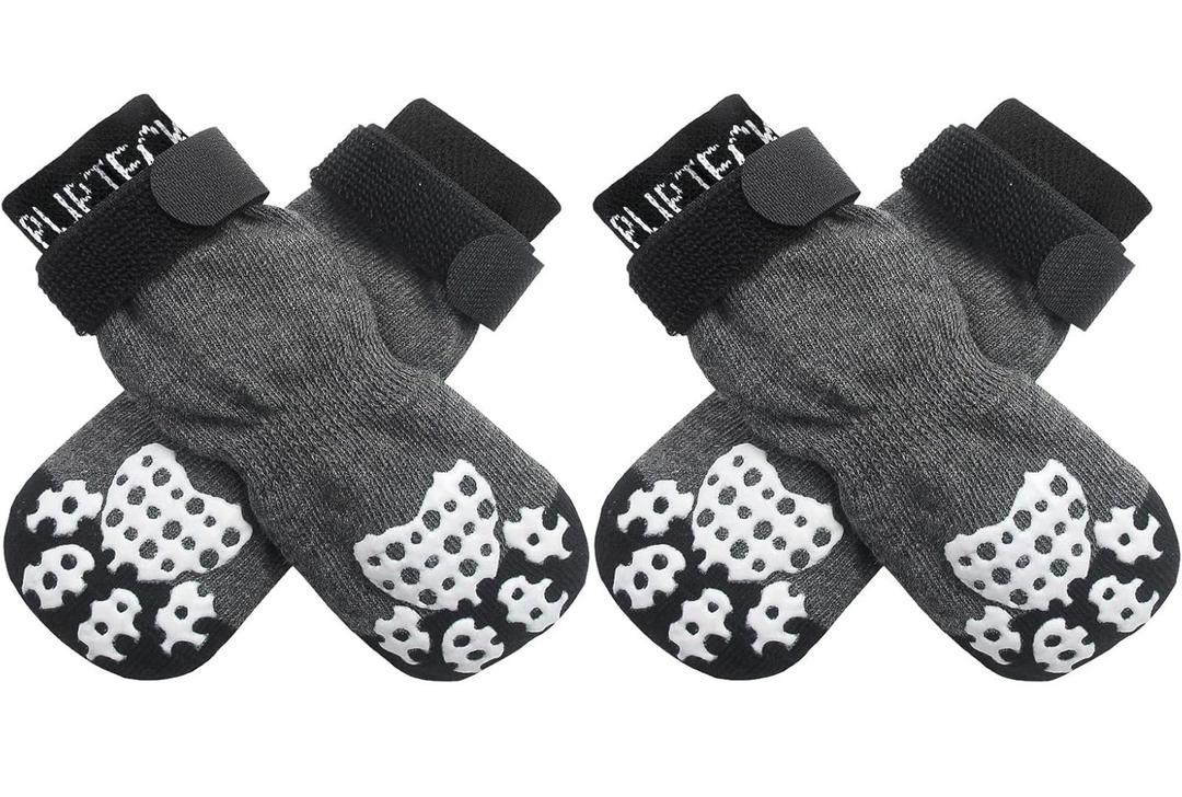 PUPTECK Anti-Slip Dog Socks with Double Sides Grips for Small Medium Large Dogs Hardwood Floors Prevents Licking, Dog Shoes for Hot Pavement Traction Control Paw Protector for Senior Dogs, Grey S (Small (4 Count))