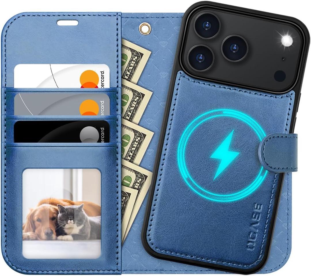 OCASE for iPhone 17 Pro Detachable Wallet Case with Card Holder, 2 in 1 PU Leather Flip Folio with RFID Blocking Stand Wrist Strap Shockproof Phone Cover 6.3 Inch 2025, Light Blue