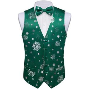 DiBanGu Mens Christmas Vest and Bow Tie Set Festival Christmas Snowflake Suit Vest for XmasNew Year Party Formal (3X-Large, Green Silver Snowflake)