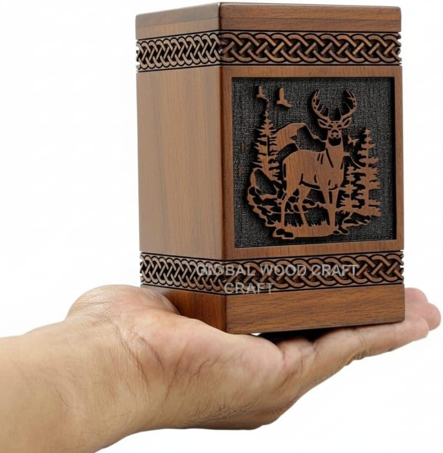Handcrafted Wooden Cremation Urn for Ashes Premium Polished Wood with Engraved Deer & Forest Design, Celtic Knot Detailing Memorial Urn for Human Ashes, Keepsake