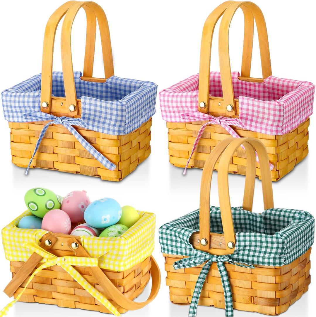 4 Pcs Easter Basket with Double Folding Handles and Gingham Liner Empty Natural Woven Woodchip Picnic Bamboo Handmade Woven Eggs Basket for Picnic, Gift Packing, Storage
