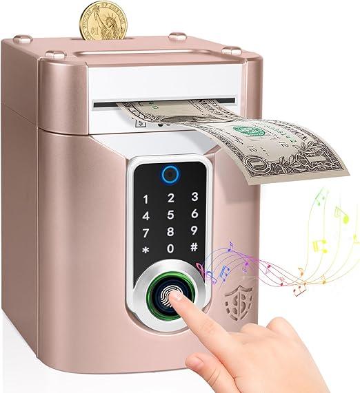 Highttoy Electronic Piggy Bank with Touch Screen and Fingerprint, ATM Children's Safe Money Box with Code, Gift for Boys and Girls 3-12 Years, Rose Gold