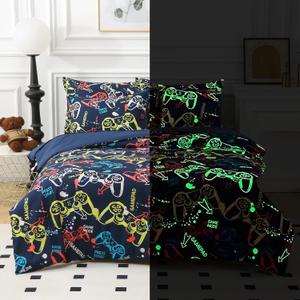 Glow in The Dark Kids Comforter Set, 4 Pieces Gamepad Pattern Bedding Set Full Size for Boys Girls Teen, 1 Comforter, 1 Pillowcase, 2 Pillow Shams