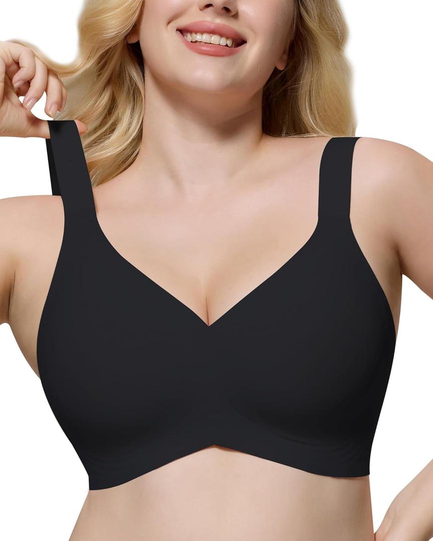 HORISUN Seamless Bras Full Coverage Wireless Push Up Bra for Women No Underwire Comfort V Neck Bralettes with Support (Small, Black Color)