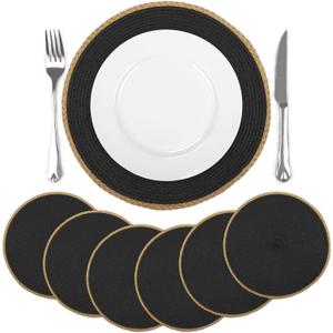 comfoyar Black Round Braided Placemats Set of 6, 14.2x14.2 Inch Non-Slip Place Mats, Washable Heat Resistant Table Mats for Indoor Kitchen Dining Party Table Decoration