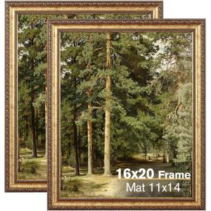 16x20 Gold Picture Frame, 2 Pack Ornate Vintage Picture Frames for Wall or Tabletop Display, 16x20 Photo Frame Gold with Plexialass, Display Poster 11x14 with Mat or 16x 20 without Mat for Antique Dco