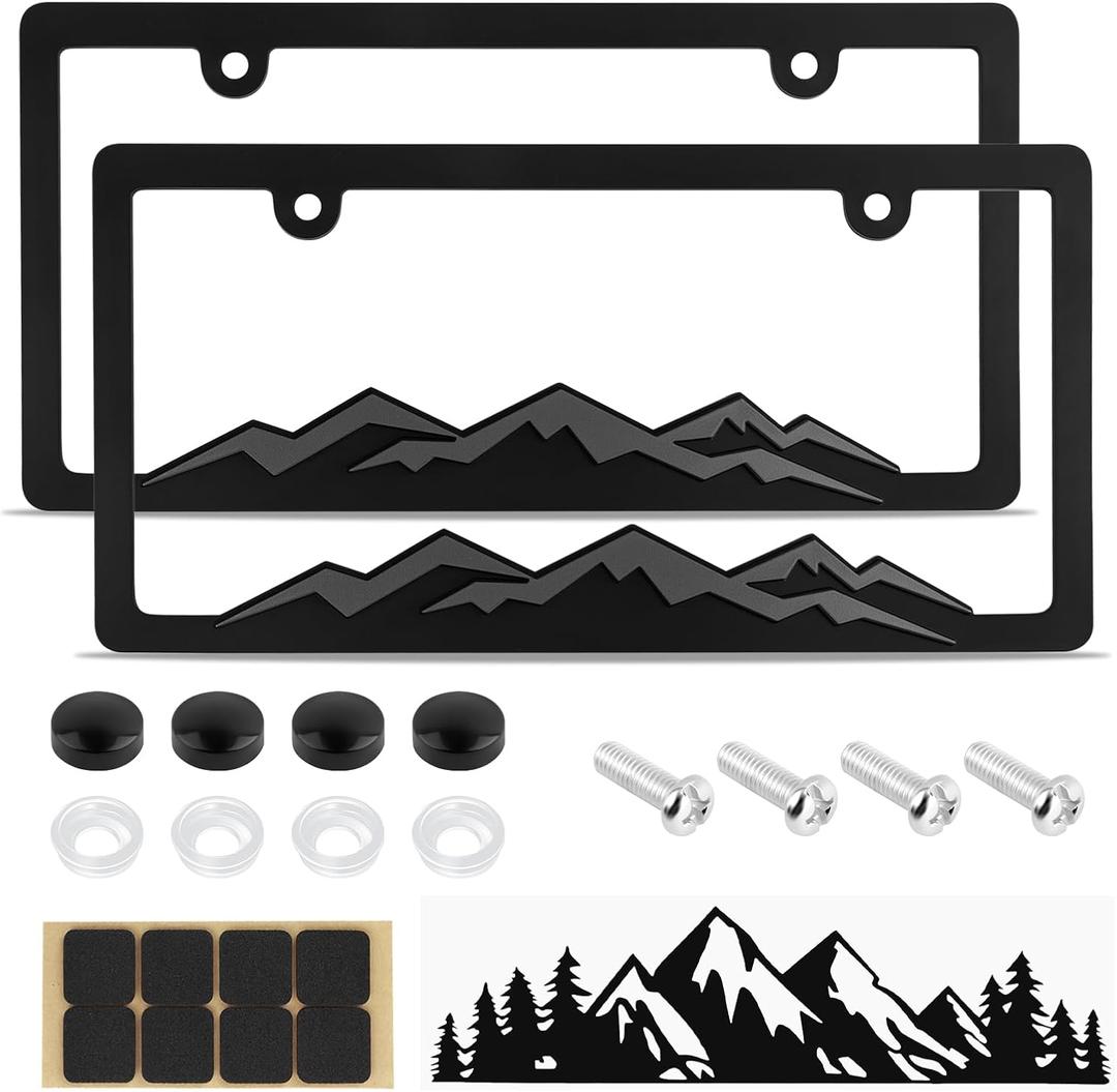 2PCS Car License Plates Frames with Raised Mountain Pattern & Mountain Car Decal,Stylish Cars Plates Frame with Screws & Caps,Decorative Cars Accessories Thin License Plate Frame (Black)