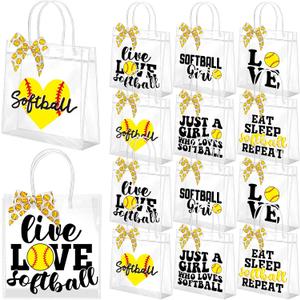 Vicenpal 24Pcs/12 Sets Softball Clear Goodie Bags with Handles Bows Softball Party Favors PVC Plastic Gift Bags Sport Theme Treat Snack Bag Stuffers for Team Gifts Supplies, 7.9 x 7.9 x 3.1''
