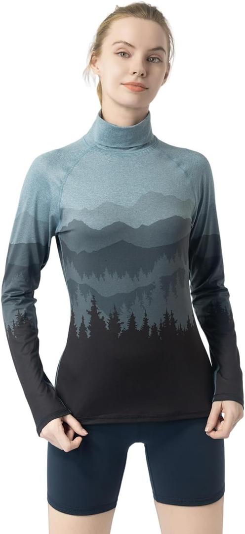 Leapstride Women's Slim Fit Turtleneck Performance Base Layer Long Sleeve Top with Placement Printed Mountain & Forest Design, Moisture - Wicking Super Soft CloudTouch Fabric, XL