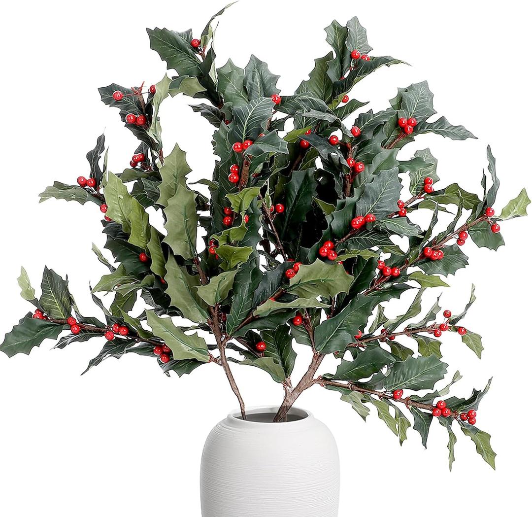 36 Inch Large Red Holly Branches 3 Pcs Christmas Burgundy Berry Stems Faux Artificial Holly Stems Cranberry Picks for Christmas Tree Decoration DIY Winter Home Vase Filler