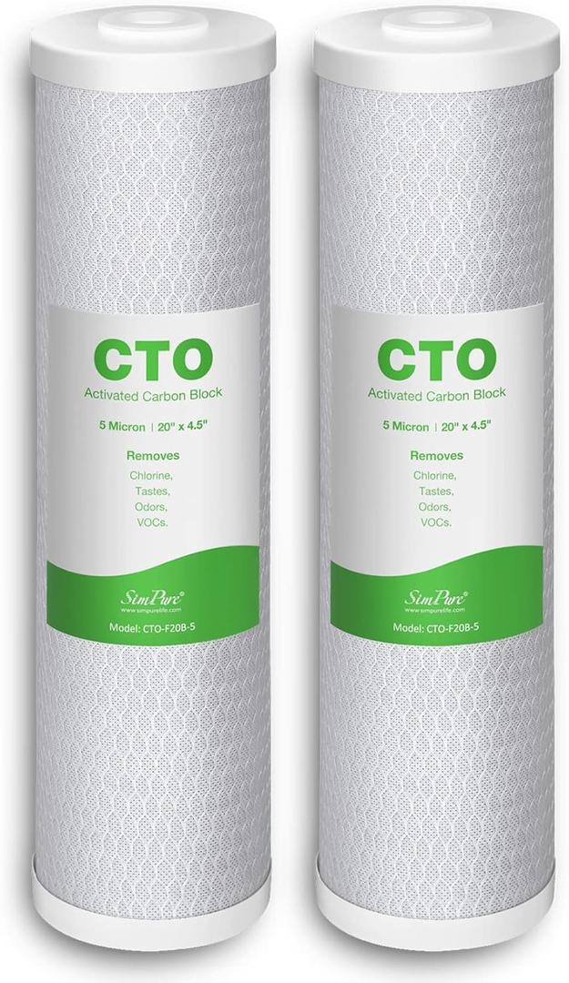 SimPure 20 x 4.5 inch 5 Micron Big Whole House Water Filter | CTO Activated Carbon Filter Replacement Cartridge Coconut shell Charcoal Filter | Matches DB20P, FC25B, CTO20BB (2 Pack)