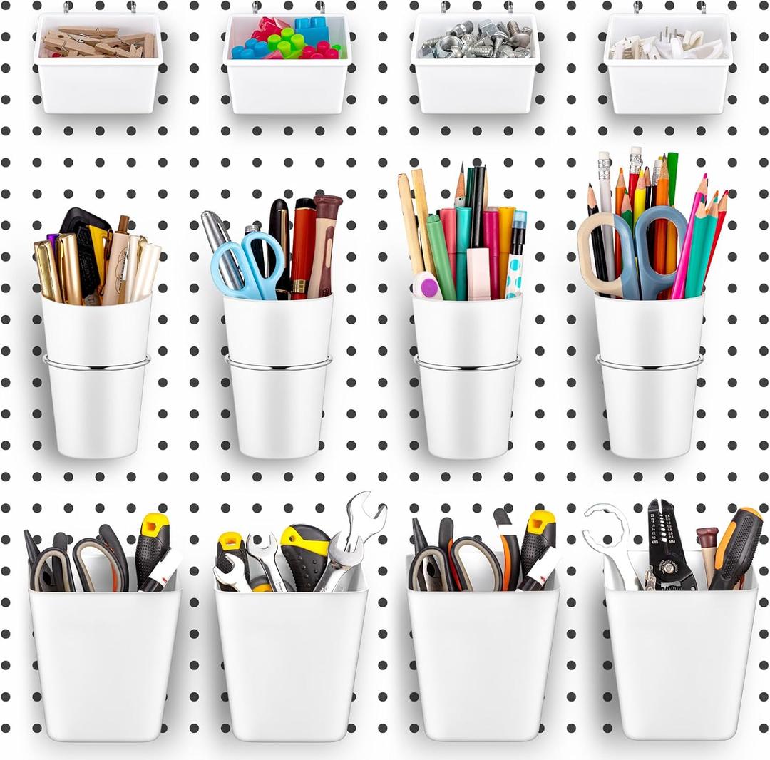 Jinei 12 Pcs Pegboard Bins and Cups with Hooks and Loops Peg Assortment Organizer Accessories Various Tool Organizer Pegboard Basket Set for Garage Workshop Workbench Office(White)