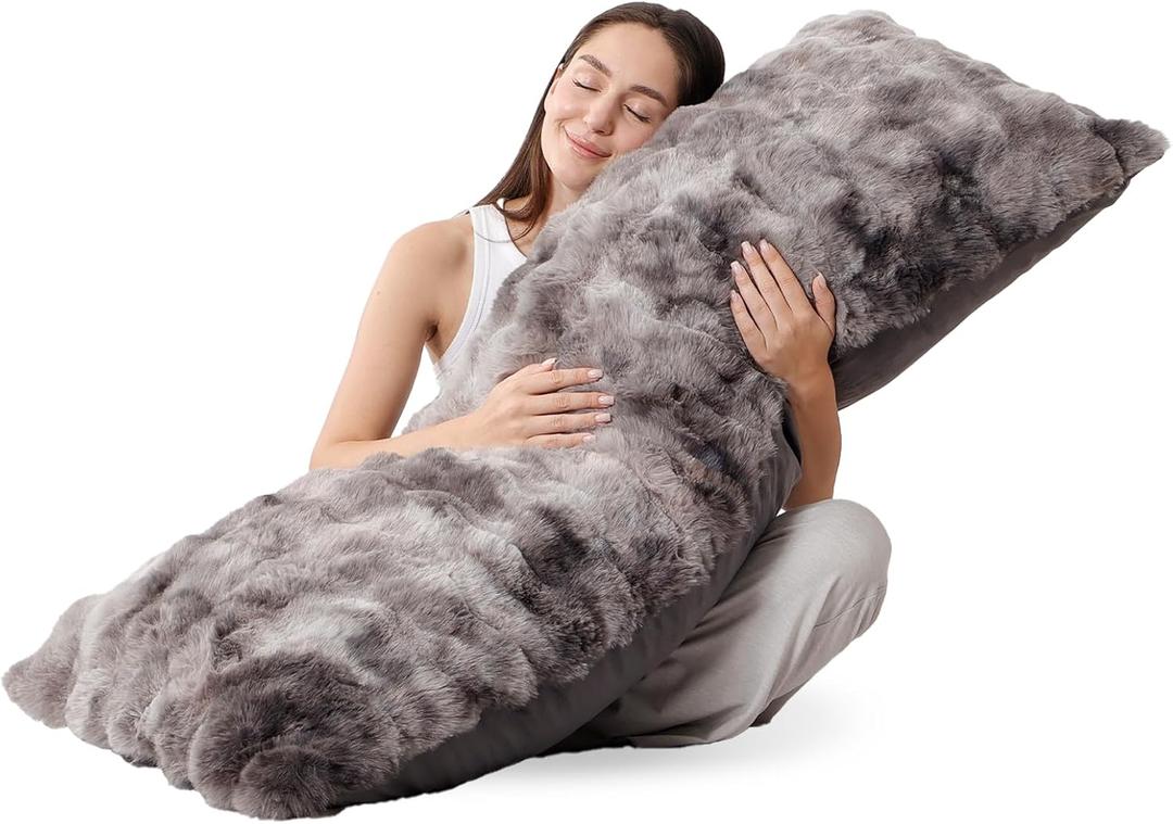 ZonLi Fluffy Body Pillow for Adults, Fuzzy Faux Fur Body Pillow with Shredded Memory Foam, Adjustable Support for Side Sleepers, Pregnancy & Bedding Decor, Valentines Day Gifts, 20 x 54 Inch, Grey