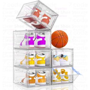 Thickened Clear Shoe Storage Organizer with Magnetic Door, Sturdy Stackable Shoe Boxes for Closet, Collapsible Space-Saving Shoe Rack for Sneakers & Boots, Plastic Shoe Cabinet Box Set, 6 Pack, White
