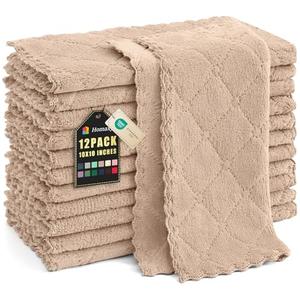 Homaxy 12 Pack Kitchen Dish Cloths (10 x 10 Inches, Tan), Super Soft and Absorbent Coral Velvet Dish Towels, Nonstick Oil Fast Drying Microfiber Cleaning Cloth, No Lint Household Dishcloths