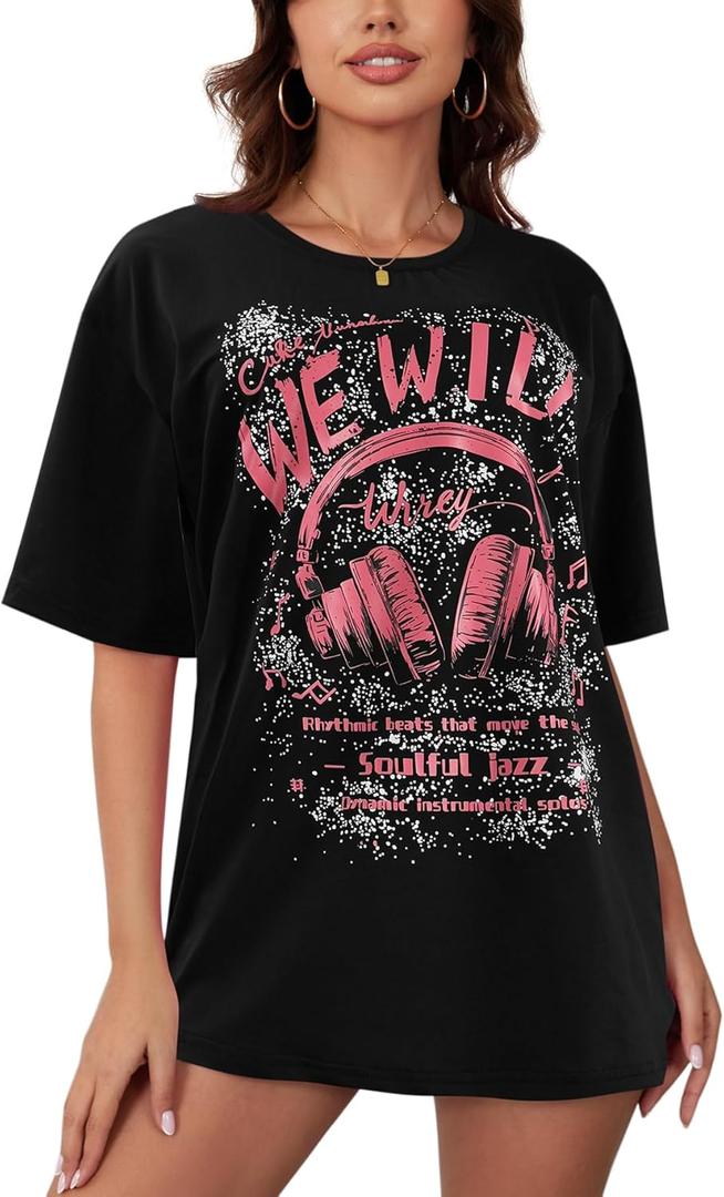 YIJIU Women's Graphic Oversized T Shirts Letter Print Short Sleeve Loose Casual Summer Tops (Black, L)