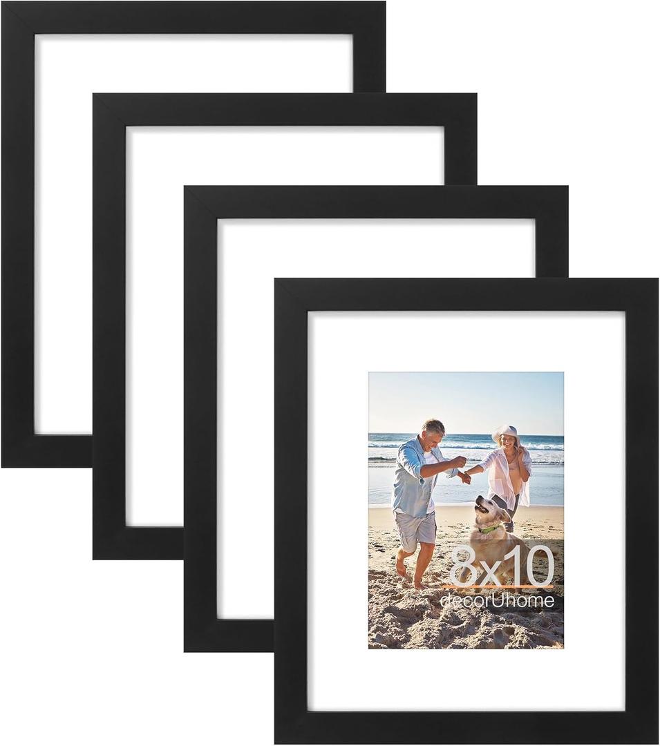 decorUhome 8x10 Picture Frame, Set of 4, Black Engineered Wood, Plexiglass, 11x9 inches, Matte Finish, Vertical or Horizontal, Unisex
