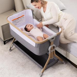 Larex Baby Bassinet Bedside Sleeper Crib Co Sleeper for Newborn Infant Toddler with Mosquito Net, Storage Bag & Basket, 5-Height Adjustable, Movable Wheels, Breathable Mattress & Mesh (Dark Gray)