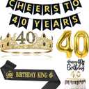 40th Birthday Gifts for Men, 40th Birthday Decorations for Men, Party Decor Supplies including King Crown & Sash & Banner & Balloons & Cake Topper & Candles