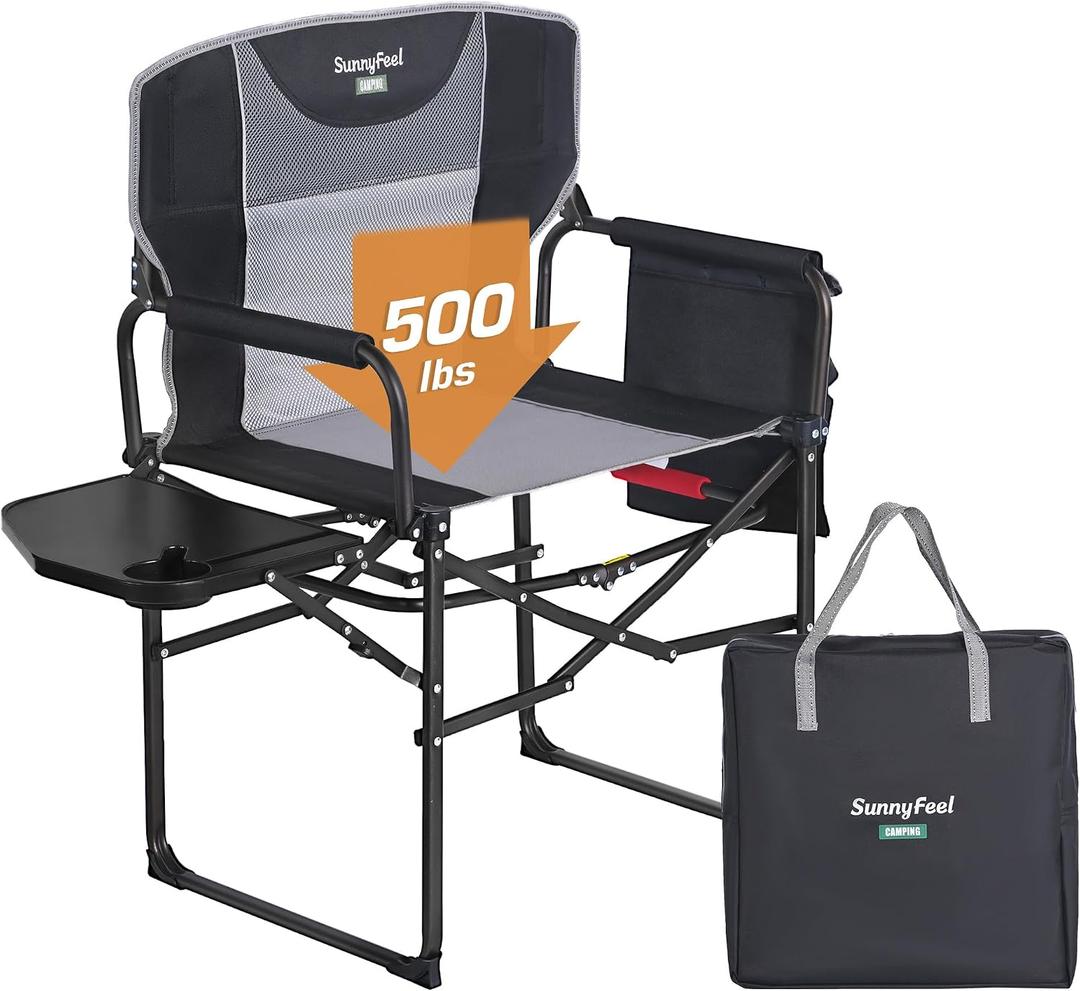 SUNNYFEEL Oversized Directors Camping Chair for Adults with Side TablePortable Folding Chair 500LBS with Breathable Mesh Back, Cup Holder, Side Pocket & Carry Bag for Camping, Fish, Lawn, Beach