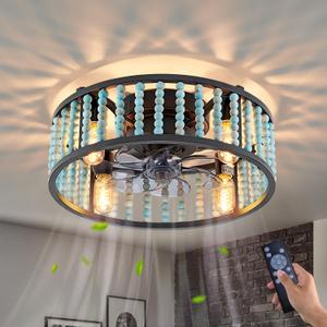Boho Caged Ceiling Fans with Lights, 18.5'' Farmhouse Low Profile Ceiling Fan with 6 Speeds, Black Bohemian Flush Mount Ceiling Fan with Remote, Wooden Beads Fandelier Ceiling fan for Bedroom, Kitchen