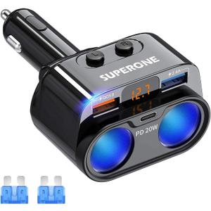 SUPERONE 200W 2-Socket Cigarette Lighter Splitter Power Adapter, USB C Car Charger with 20W Power Delivery 3.0 & QC 3.0 for iPhone 17/16 Pro Max/15/14/13/12/11 Pro/X/8, Samsung, Google Pixel and More (Square)